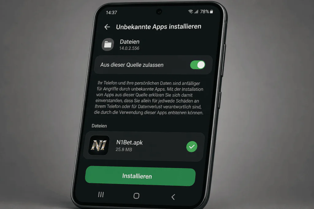 Android-Sicherheitseinstellungen erlauben die Installation der N1Bet APK auf einem Smartphone - n1bets-ch.com