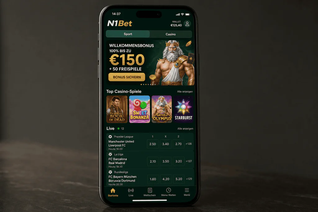 Hauptoberflaeche und Benutzer-Dashboard der mobilen N1Bet App - n1bets-ch.com