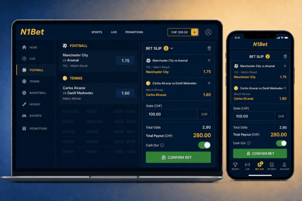 Interaktiver Wettschein (Bet Slip) bei N1Bet – n1bets-ch.com